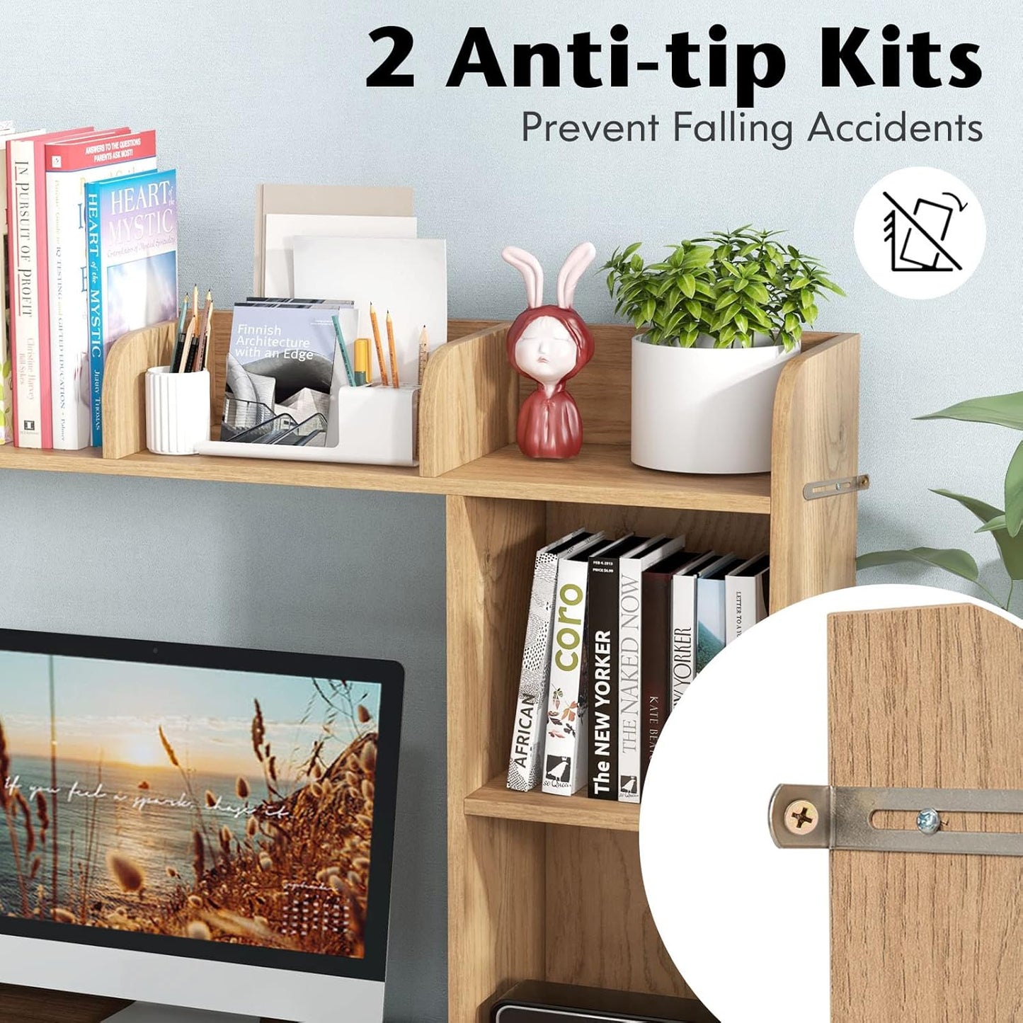 Tangkula Desktop Bookshelf, Countertop Storage Hutch with 5 Shelves for Computer Desk, Desk 3-Tier Display Rack, Multipurpose Wood Desktop Hutch Storage Organizer for Dorm Office Home