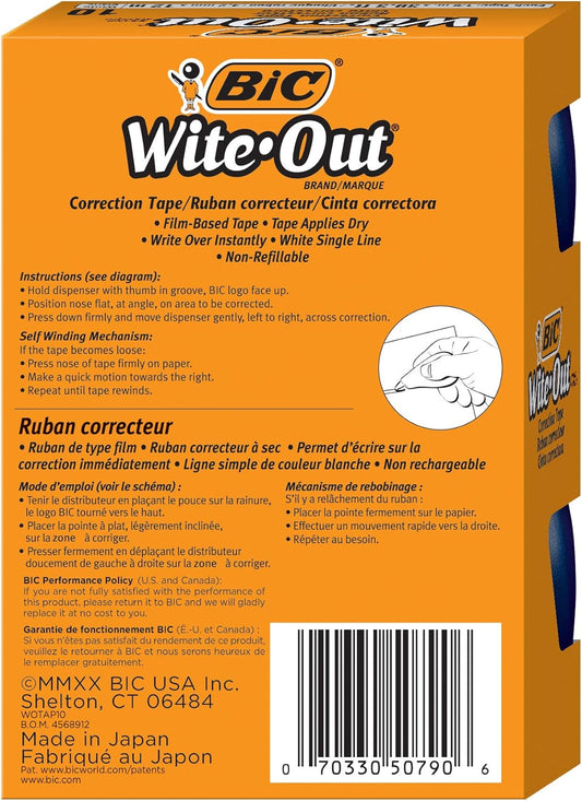 BIC Wite-Out EZ Correct Tear-Resistant Correction Tape with 39.3 ft of Tape, 10-Count Pack in White