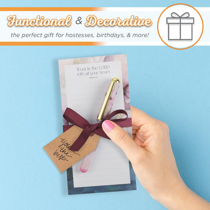 Christian Art Gifts Compact Magnetic Notepad & Medium Ballpoint Pen Set: Trust in the Lord Inspirational Scripture, Shopping Lists, Memos, Reminders, 70 Lined Easy Tear-off Sheets, Purple/Teal Floral