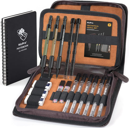 Nicpro 21PCS 1.3 mm Mechanical Pencil Set in Leather Bag with 138 Lead Refill Black & Colors, Erasers- Weatherproof Metal Heavy Duty Carpenter Pencil for Outdoor Drafting Marking Drawing Woodworking