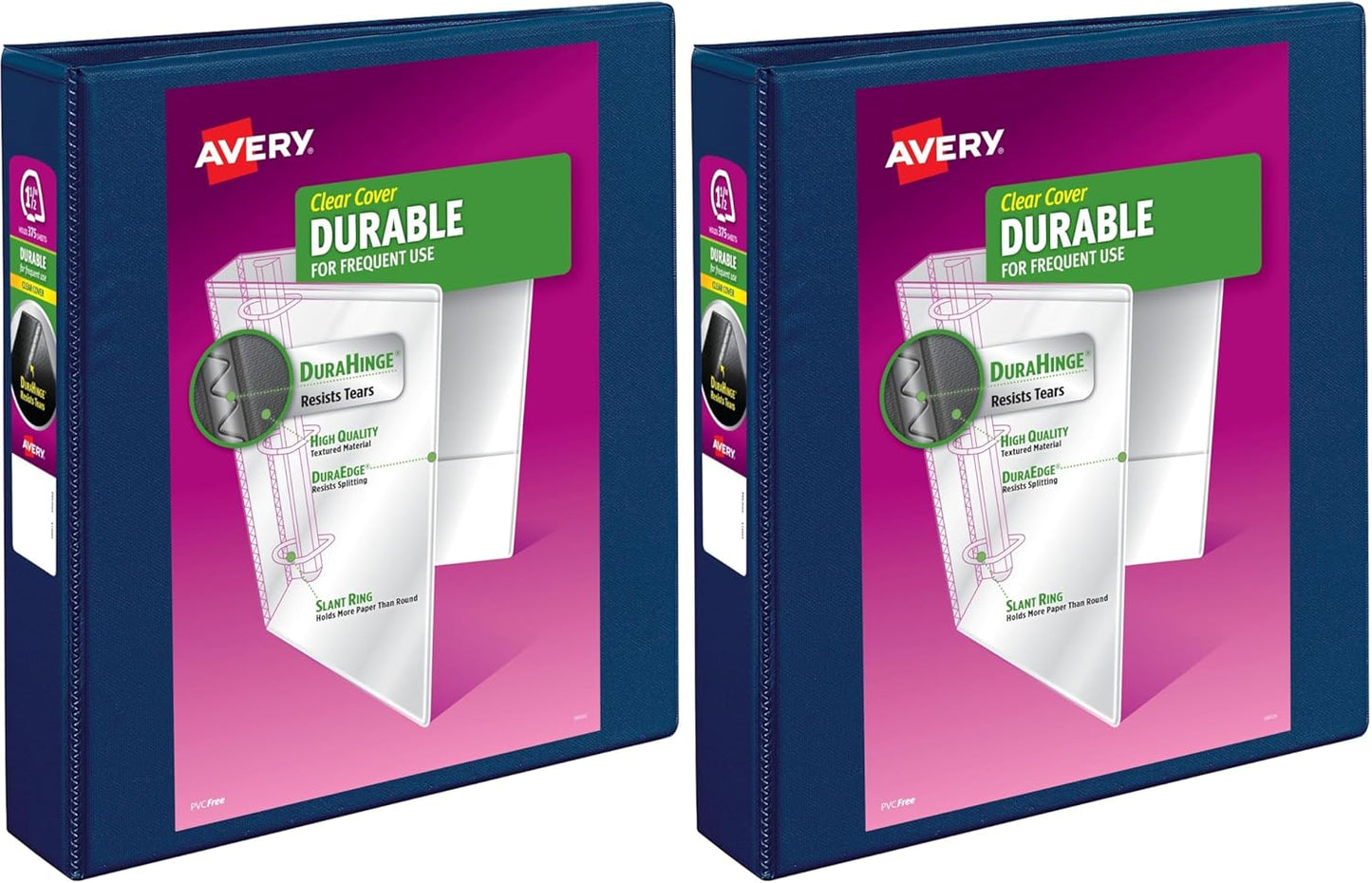 Avery Durable View 3 Ring Binders, 1.5 Inch Slant Rings, 375-Sheet Capacity, DuraHinge, 2.1 Inch Wide Spine, Customizable Clear Covers and Spine, 1 Blue Binder (17024)