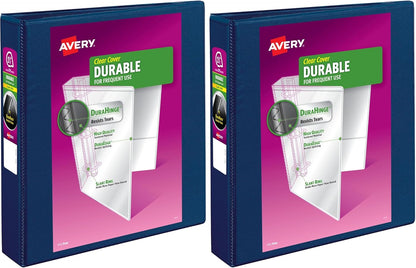 Avery Durable View 3 Ring Binders, 1.5 Inch Slant Rings, 375-Sheet Capacity, DuraHinge, 2.1 Inch Wide Spine, Customizable Clear Covers and Spine, 1 Blue Binder (17024)