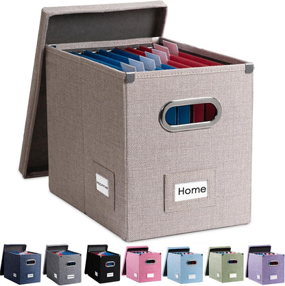 PRANDOM File Organizer Box - Collapsible Decorative Linen Filing Storage with Lids for Letter Size - Grey (14x9.3x10.8 inch)