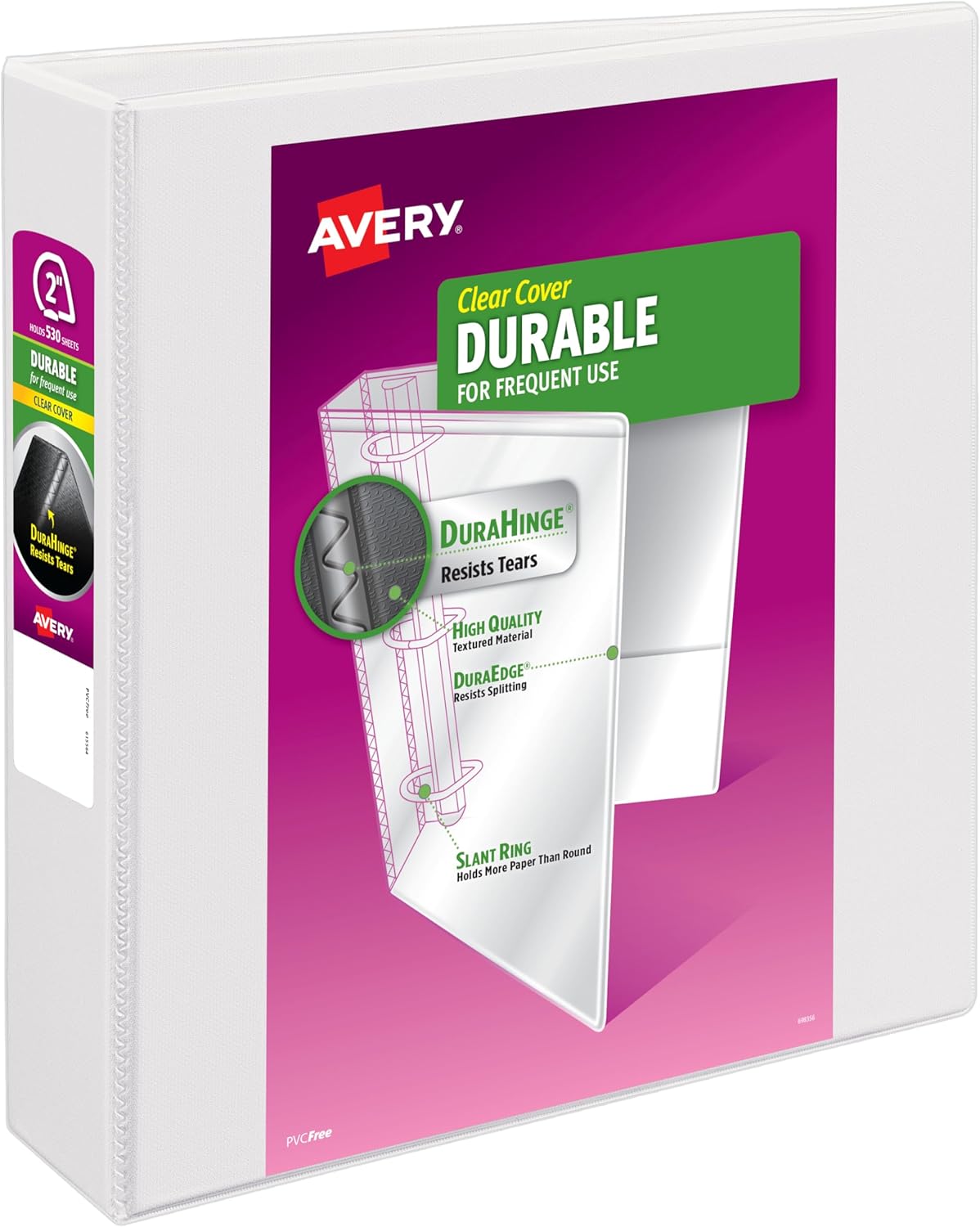 Avery Durable View 3 Ring Binder for Home, School Supplies, Office, or Organization Needs, 1" Slant Ring, 1 Pack White Binder (17012)