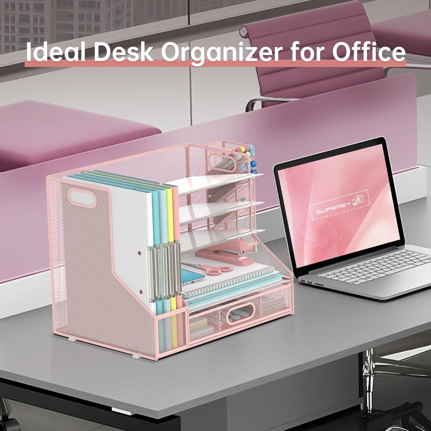 SUPEASY Desk Organizer with File Holder, 5-Tier Mesh Paper Letter Tray Organizer with Pen Holder and Drawer, Desktop Organizer and Storage with 3 Tilted File Sorter for Office Supplies, Blue