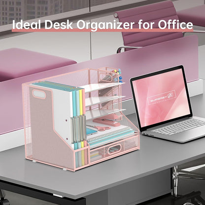 SUPEASY Desk Organizer with File Holder, 5-Tier Mesh Paper Letter Tray Organizer with Pen Holder and Drawer, Desktop Organizer and Storage with 3 Tilted File Sorter for Office Supplies, Blue