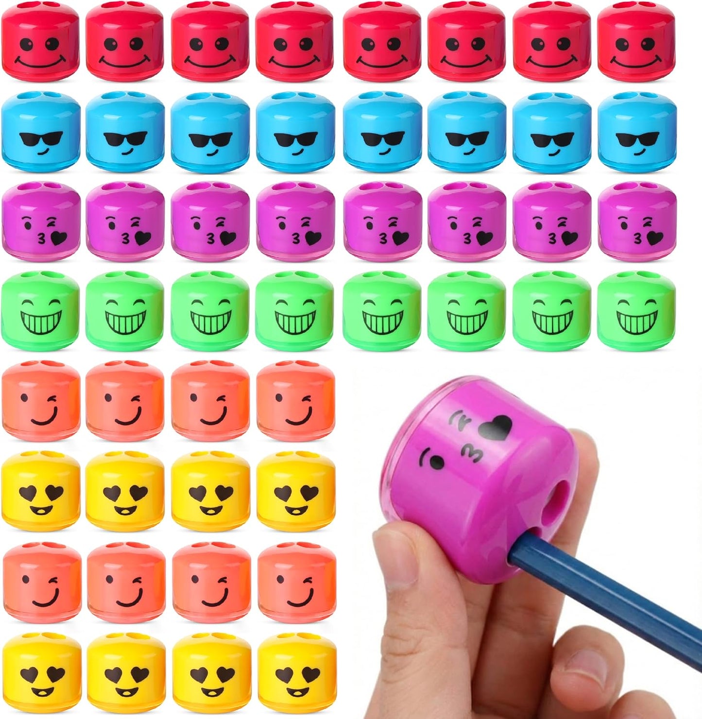 Mr. Pen- Pencil Sharpeners Manual, 48 Pack, Dual Hole, Smiley, Bulk Handheld Pencil Sharpener, Compatible with Standard and Jumbo Pencils, Snap-on Lid, Stainless Steel Blade, Back to School Supplies