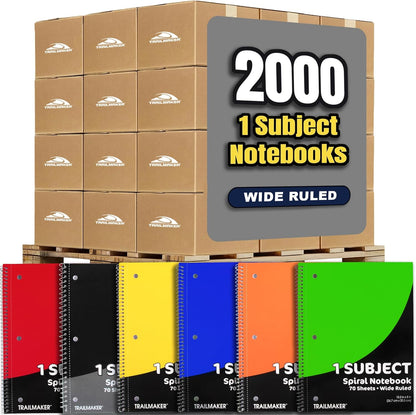Trail maker Bulk Notebooks (50 Pack), One Subject Notebooks Wide Ruled, 140 Pages (70 Sheets),Spiral Bulk Notebooks for Kids, School Supplies, Journaling, Note Taking, Students, and Work