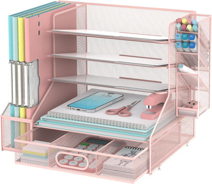 SUPEASY Desk Organizer with File Holder, 5-Tier Mesh Paper Letter Tray Organizer with Pen Holder and Drawer, Desktop Organizer and Storage with 3 Tilted File Sorter for Office Supplies, Blue