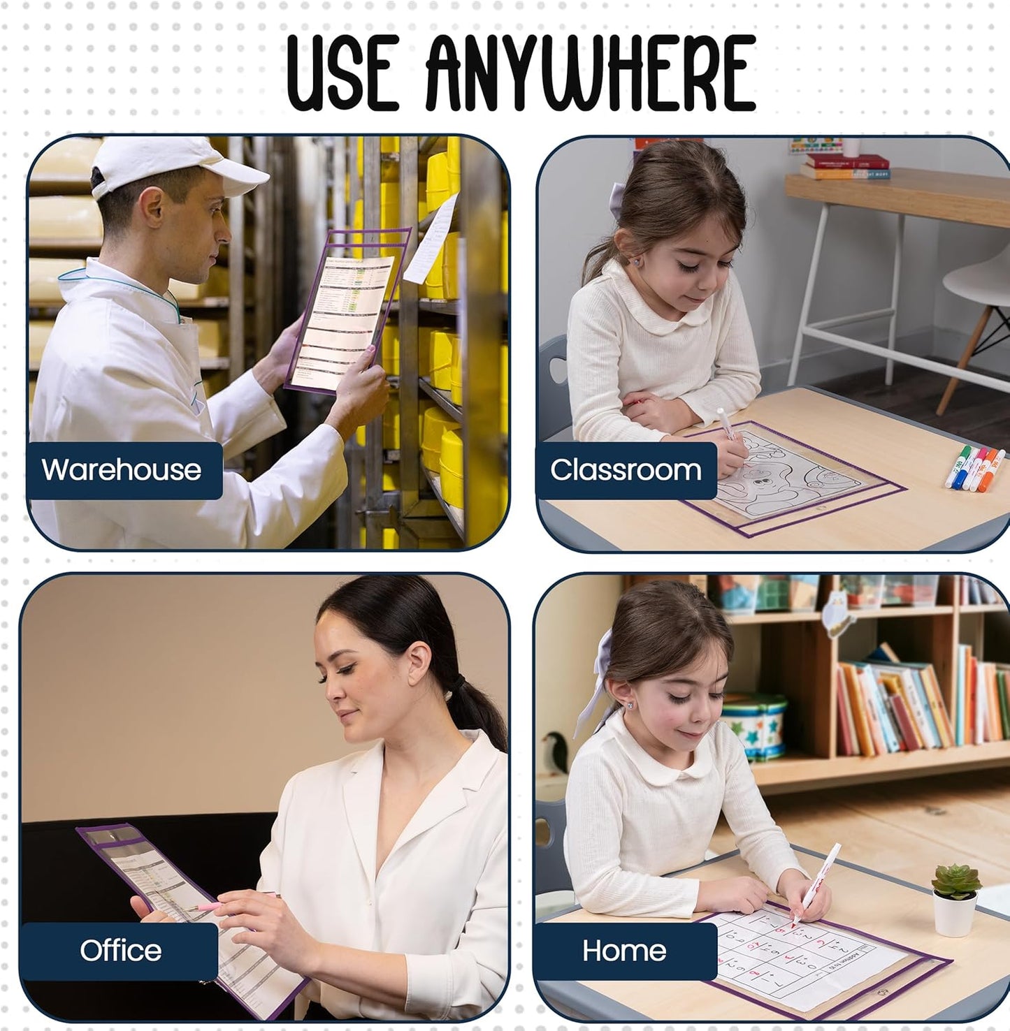 Essex Wares - 6 Pack, Assorted, Dry Erase Pocket Document Protectors, 10" Wide x 13.5" Tall- Dry Erase Clear Plastic Sleeves - Reusable & Easy Erase Plastic Invoice Holders, Water-Resistant & Durable