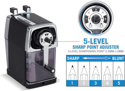 CARL Pencil Sharpener, CC-2000, Black, 5-Point Selector. Manual, Quiet for Office and Home Desks, School Classroom, CUI19018