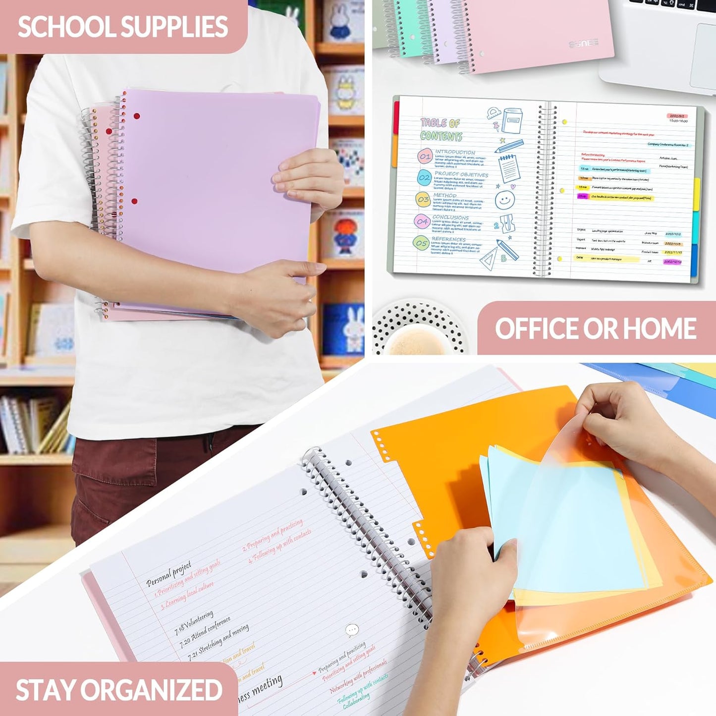 SUNEE 5 Subject Graph Paper Notebook - 400 Pages, 9"x11", 4x4 Graph Ruled Notebook, 5 Pocket Colored Dividers, 3-Hole Punched Paper, Black