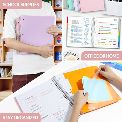 SUNEE 5 Subject Graph Paper Notebook - 400 Pages, 9"x11", 4x4 Graph Ruled Notebook, 5 Pocket Colored Dividers, 3-Hole Punched Paper, Black