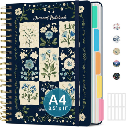 Large Lined Spiral Journal for Women Cute Hardcover 5 Subject Notebook for Work 8.5" x 11" with Removable Dividers & Tabs, College Ruled, 280 Pages Aesthetic Journal for Work, School & Note Taking, Garden of Whimsy