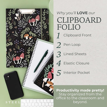 Steel Mill & Co Cute Clipboard Folio with Refillable Lined Notepad and Interior Storage Pocket, Floral Padfolio for Work, Garden Blooms Cream