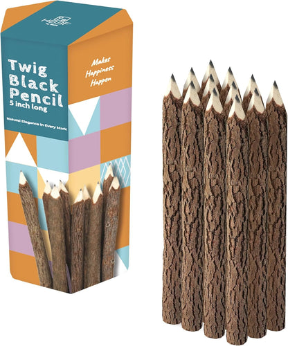 BSIRI Wooden Pencils Rustic Bark Twig Natural Wood Pencil 12 Pack 5 Inch for Kids Classroom Woodland Party Favors Camping Day Decorations Camp Themed Supplies Novelty Gifts