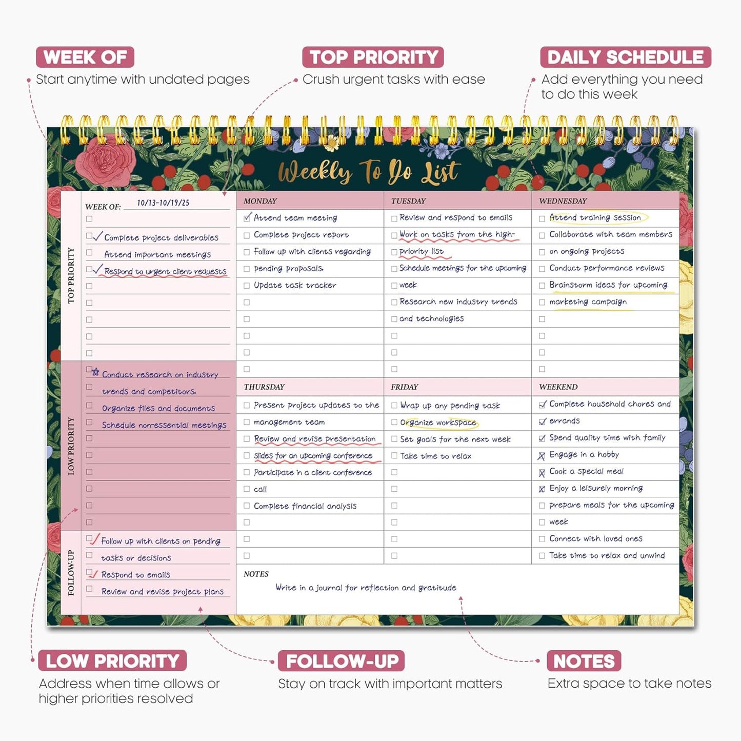 Taja Weekly To Do List Notepad with 52 Undated Sheets（8.5"×11"）- Weekly Desk Planner for Women & Man, Work and Home -1 Pack Violet Dream
