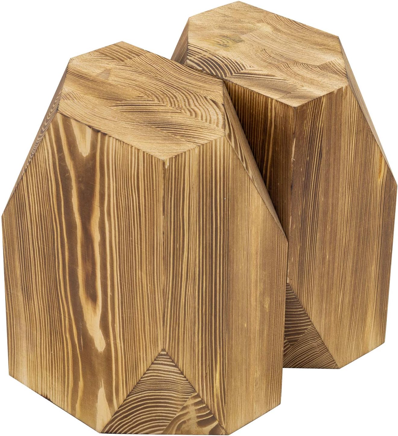 MyGift Brass Wood Decorative Bookends Triangular Design, Office Desk Wooden Book Ends, Book Stand for Shelves with Tone Ring Accent, Rustic Burnt