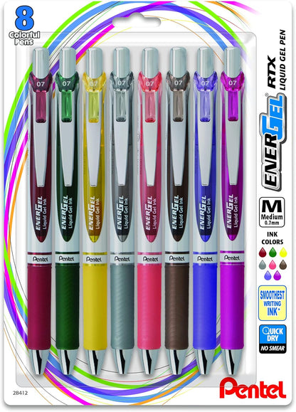 Pentel EnerGel RTX Retractable Liquid Gel Pen, (0.7mm) Metal Tip, Medium Line,Assorted Ink, 8-Pk (BL77BP8M1)