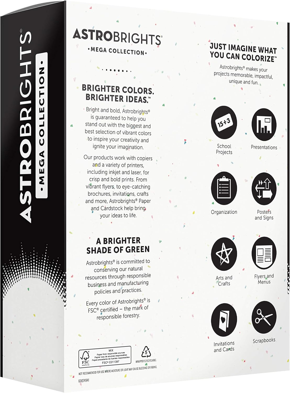 Astrobrights Mega Collection, Colored Cardstock, Bright Confetti White, 320 Sheets, 65 lb/176 GSM, 8.5" x 11" (91683)