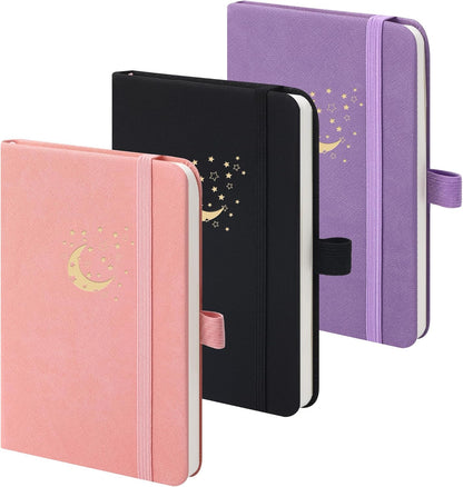 BOBO RABBIT 3 Pack Pocket Small Notebooks Total 600 Pages A6 Moon Star Aesthetic Mini Compact Journal Notebook For Note Taking Journaling Hardcover Leather College Ruled Lined Note Pads for Women Men Travel Office School