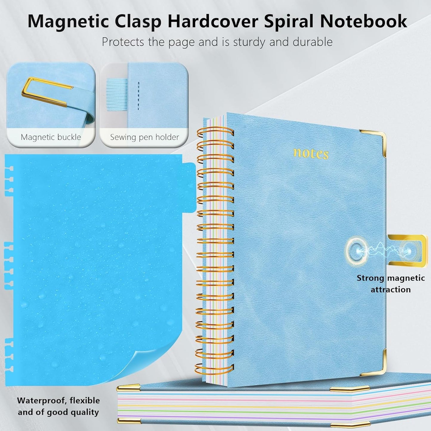 Hardcover Spiral Notebook College Ruled, 8"x10" Leather Journal Notebook with Magnetic Closure, 300 Pages 5 Subject Notebook with Dividers Tabs Journal for Women Men, Work, School(Rose Red)