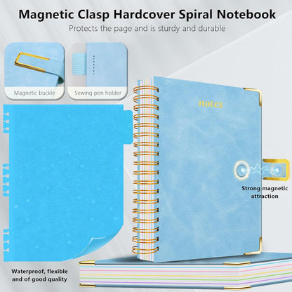 Hardcover Spiral Notebook College Ruled, 8"x10" Leather Journal Notebook with Magnetic Closure, 300 Pages 5 Subject Notebook with Dividers Tabs Journal for Women Men, Work, School(Rose Red)