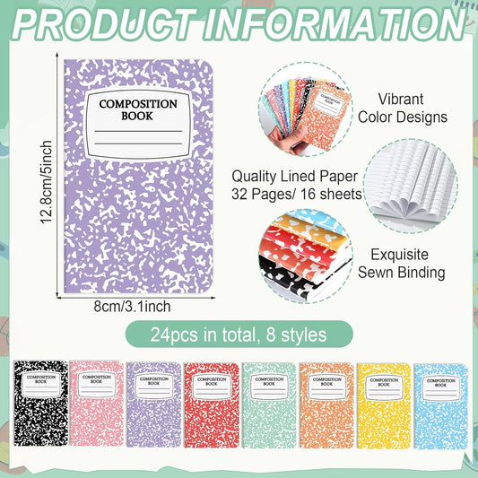 24 Pack Mini Composition Notebook Composition Books Bulk Back to School Gift Favor Colorful Small Pocket Size Cute Journal Notebooks for Students Teachers Employee Team Office College 5x3 Inch