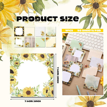 9 Pads Wildflower Sticky Notes 3x3 Inch Cute Self Stick Notepads Notes Adhesive Memo Pad Office Decor Gifts for Students School Teacher Meeting Office Supplies