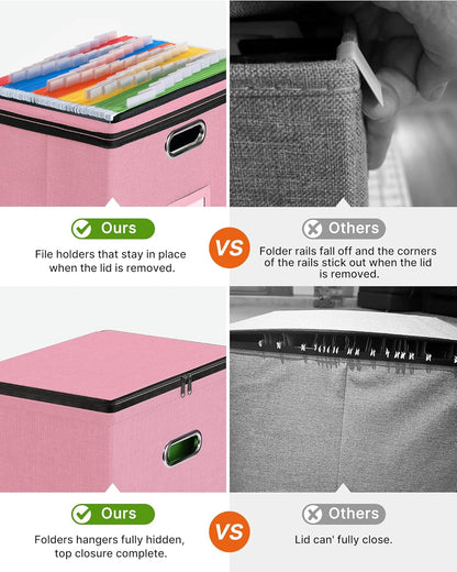 Oterri 2 Pack File Organizer Boxes with Lids, File Box with Mesh Pockets, Document Organizer Box for File Folders Letter Size, Zippers Filing Box for Home, Office, School (Green, Without Folders)