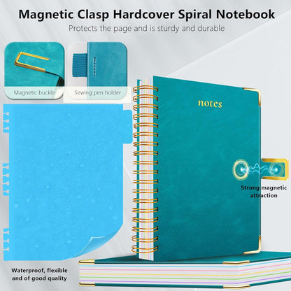 Hardcover Spiral Notebook College Ruled, 8"x10" Leather Journal Notebook with Magnetic Closure, 300 Pages 5 Subject Notebook with Dividers Tabs Journal for Women Men, Work, School(Rose Red)