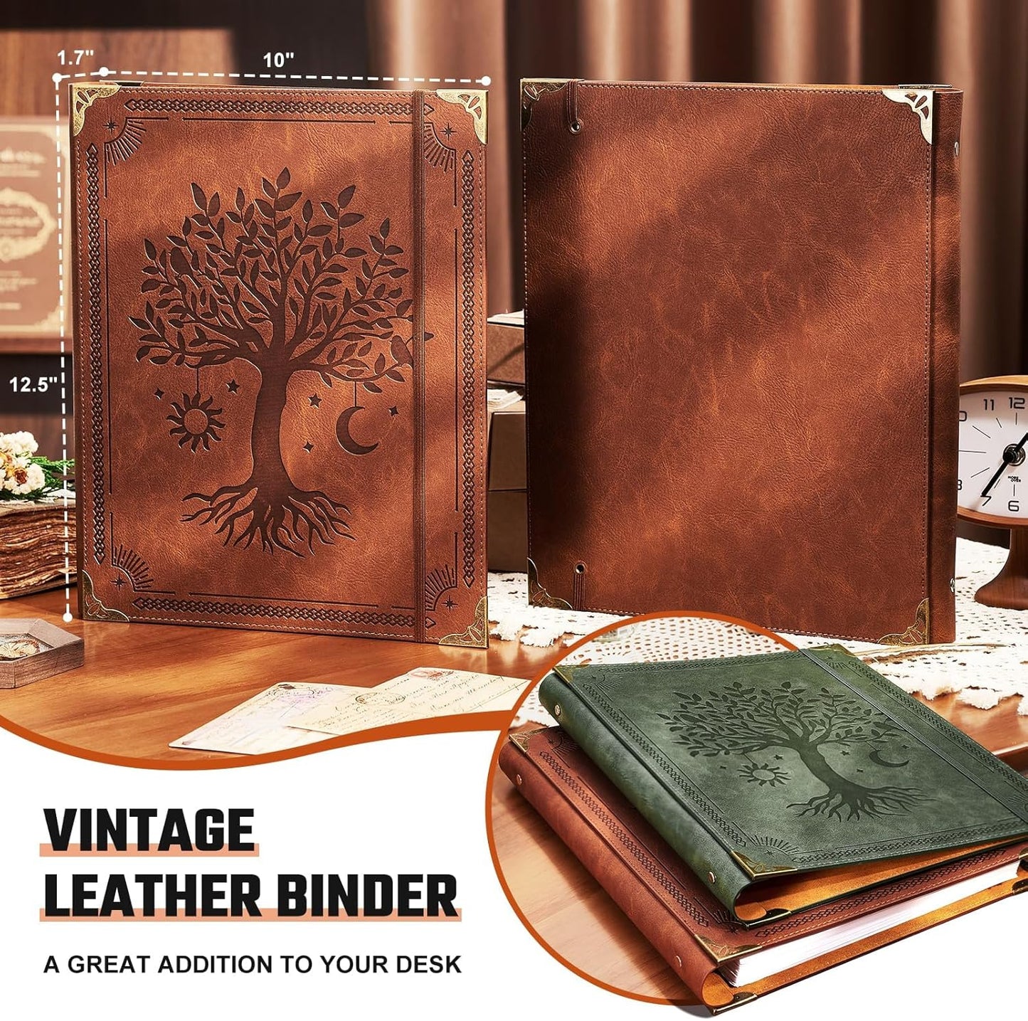 Ovesmusl Leather 3 Ring Binder Fits 8.5"x11" Letter Size Paper, 1 Inch Round Ring Binder Holds 200 Sheets, Notebook Cover Loose Leaf Organizer, Green Tree