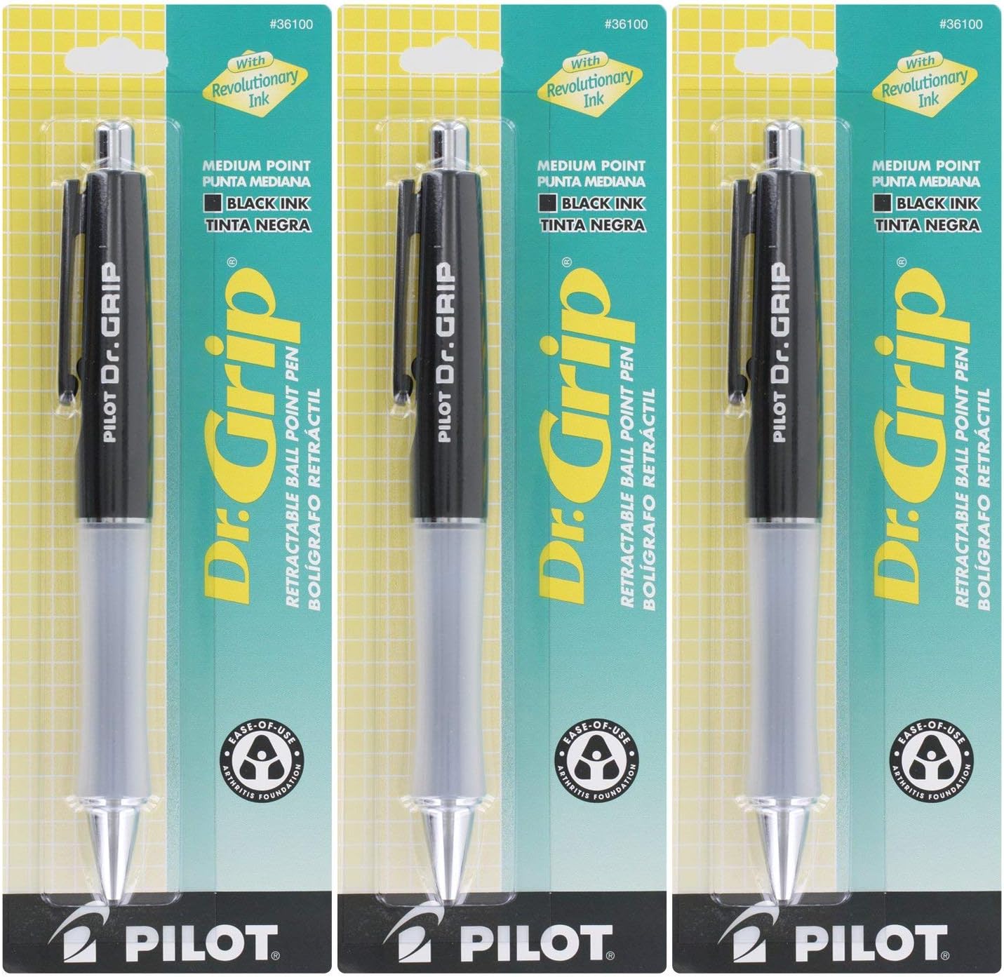 Pilot Dr.Grip Retractable Ball Point Pen, Medium Point, Black Ink - Pack of 3 (Black)