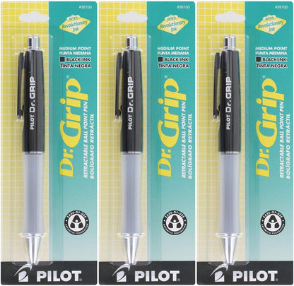 Pilot Dr.Grip Retractable Ball Point Pen, Medium Point, Black Ink - Pack of 3 (Black)