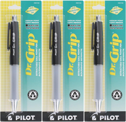 Pilot Dr.Grip Retractable Ball Point Pen, Medium Point, Black Ink - Pack of 3 (Black)