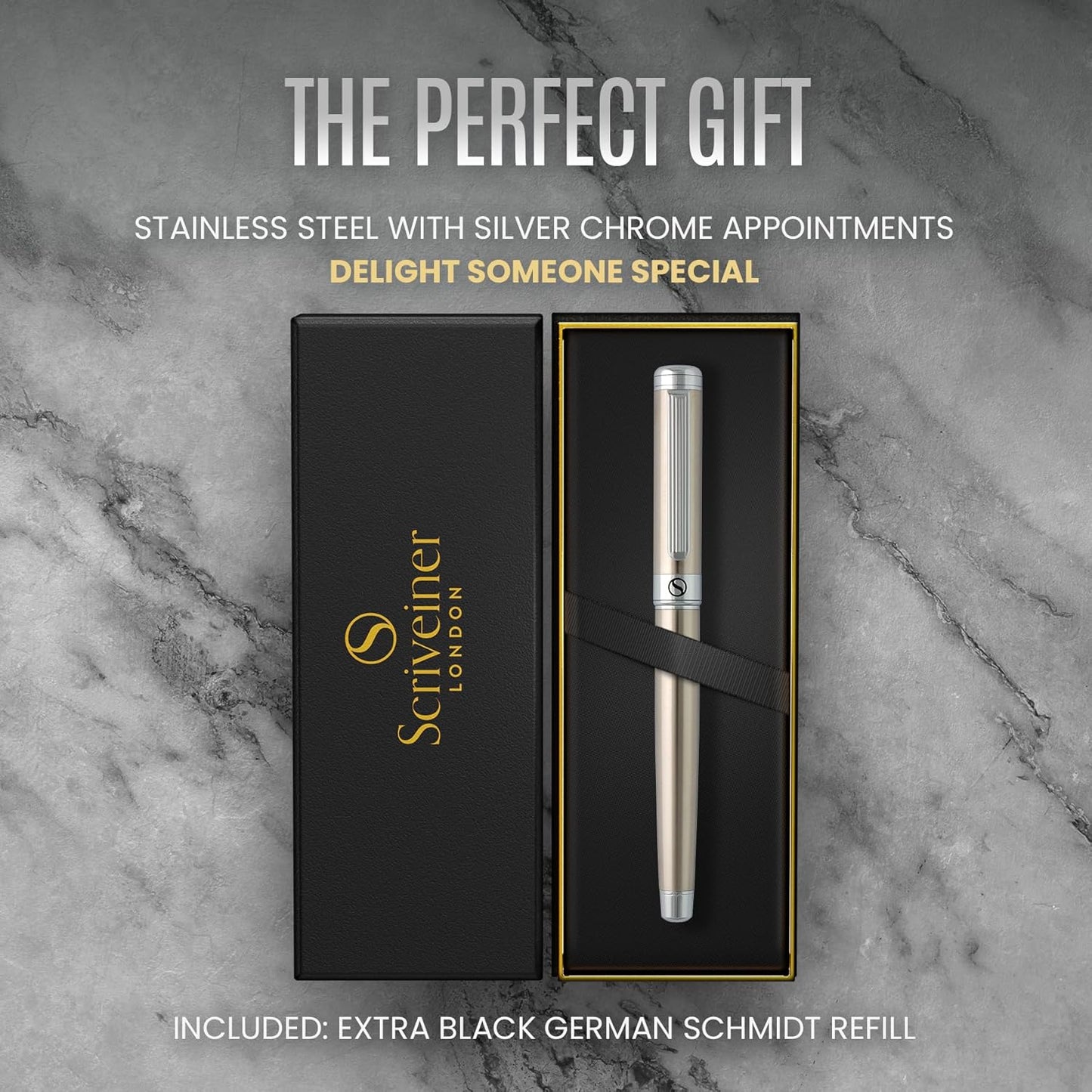 Scriveiner Midnight Blue Rollerball Pen - Stunning Blue Lacquer Luxury Pen, Chrome Finish, Schmidt Ink Refills, Men & Women, Professional, Executive Office, Nice Pen