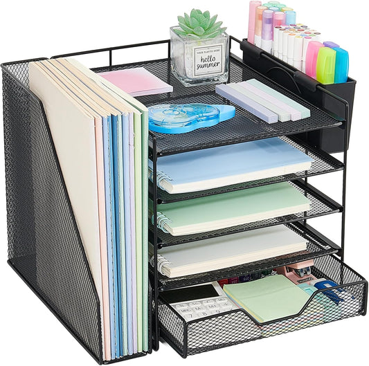 Desk Organizer, 5-Tier Paper Letter Tray Organizer with File Holder, Drawer and Pen Holder, Desktop Organizer for Office Supplies, Black