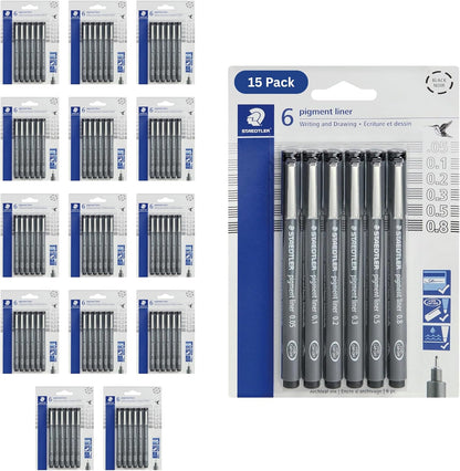 Staedtler Pigment Liner Pack, Black, 8 Pens, Assorted Line Widths, 0.05mm, 0.1mm, 0.2mm, 0.3mm, 0.5mm, 0.8mm, 1.0mm, 1.2mm