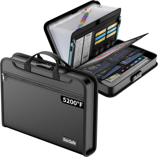 DocSafe Accordion File Organizer with Combination Lock,Fireproof Water Resistant Expanding File Folder with Multi Pockets,Document Organizer Home Office Travel Safe Storage for Letter Size Files,Black