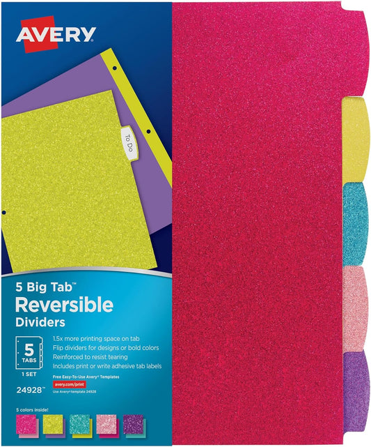 Avery Big Tab Reversible Fashion Dividers for 3 Ring Binders, 5 Tab Set, Retro Pattern, 1 Set (24938)