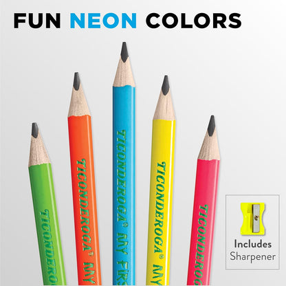 Ticonderoga My First Tri-Write Wood-Cased Pencils, Pre-Sharpened, 2 HB, With Erasers, Neon Colors, 12 Count