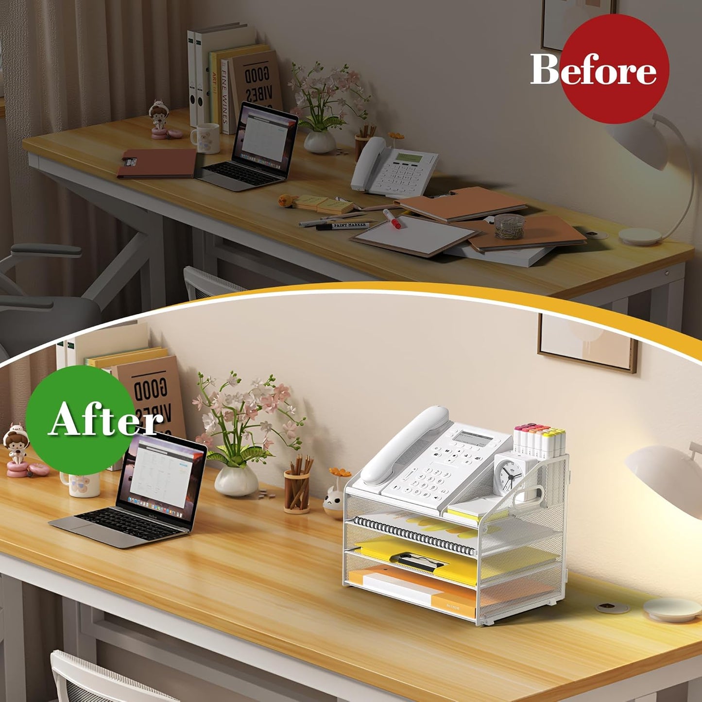 Letter Tray Paper, 4 Tier Desk Organizer with Pen Holder and Handle Mesh File Organizer Paper Sorter Metal Desktop Document Shelf for Office Home Classroom -Black
