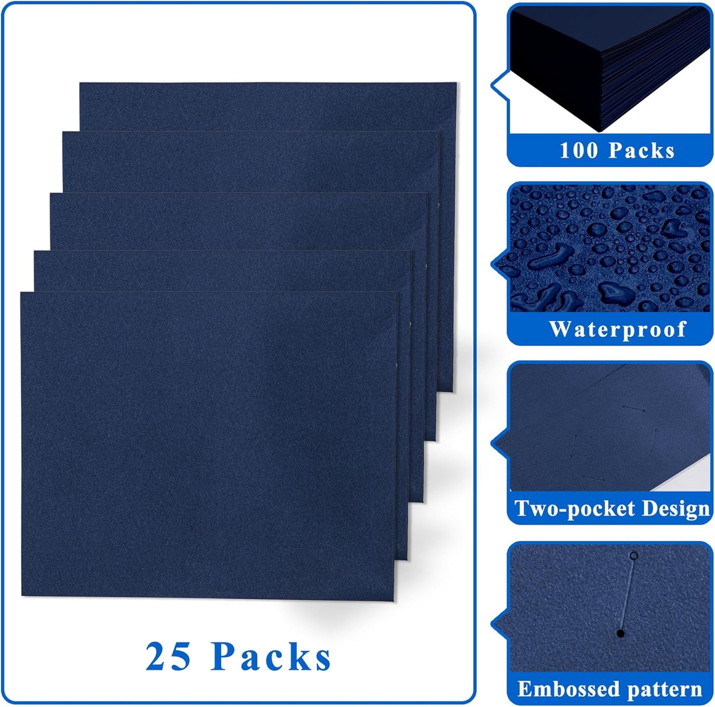 Zzrywuty 50 Packs Two Pocket File Folders with Business Card Slot,Textured Paper,Letter Size,Holds 100 Plus Sheets for School,Office,Business,Royal Blue