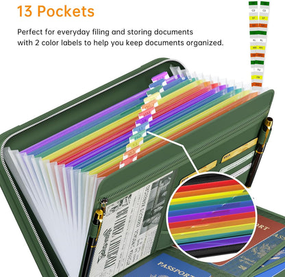 Tamfile Fireproof Accordion File Organizer with Handle, 13 Pocket Transparent Expanding File Folder with Zipper & Labels, File Folder with Multi-Pockets Paper Organizer Folder for Letter A4 Files