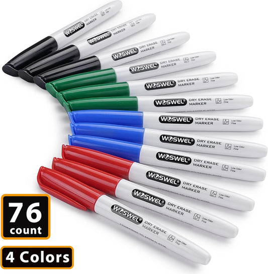 WOSWEL Fine Tip Dry Erase Markers 76 Pack 4 Assorted Colors(Black,Blue,Green,Red) Low Odor Whiteboard Erasable Markers Bulk for Kids Adults,Ideal for Classroom School Office Home,Non-Toxic Easy Clean