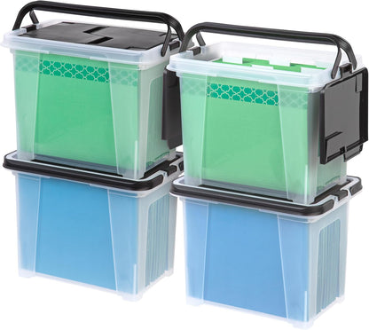 IRIS USA File Box with Lid File Organizer for Letter File w/Organizer-Lid, Plastic Mobile Filing Organizer, Water Resistant Document Box, Portable File Box with Handle, Secure Buckle, Lockable, Black