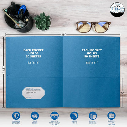 FILE-EZ Two-Pocket Folders, Navy Dark Blue, 25-Pack, Textured Paper, Letter Size (EZ-32523)