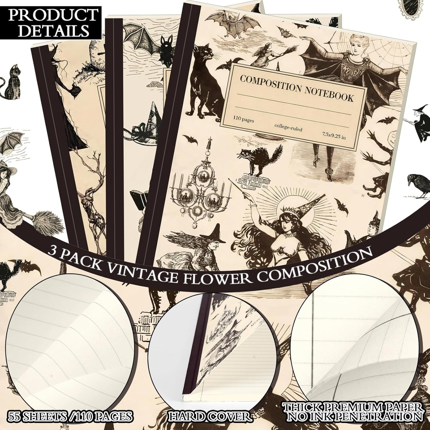 Colarr 6 Pcs Composition Notebook College Ruled Paper Vintage Decomposition Notebook 110 Page 7-1/2" x 9-1/4" Anatomy Medical Illustration Skull Skeleton Med Journal Radiology Tech Student (3,Witch)