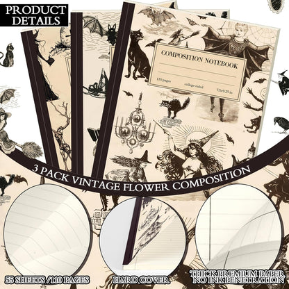Colarr 6 Pcs Composition Notebook College Ruled Paper Vintage Decomposition Notebook 110 Page 7-1/2" x 9-1/4" Anatomy Medical Illustration Skull Skeleton Med Journal Radiology Tech Student (3,Witch)