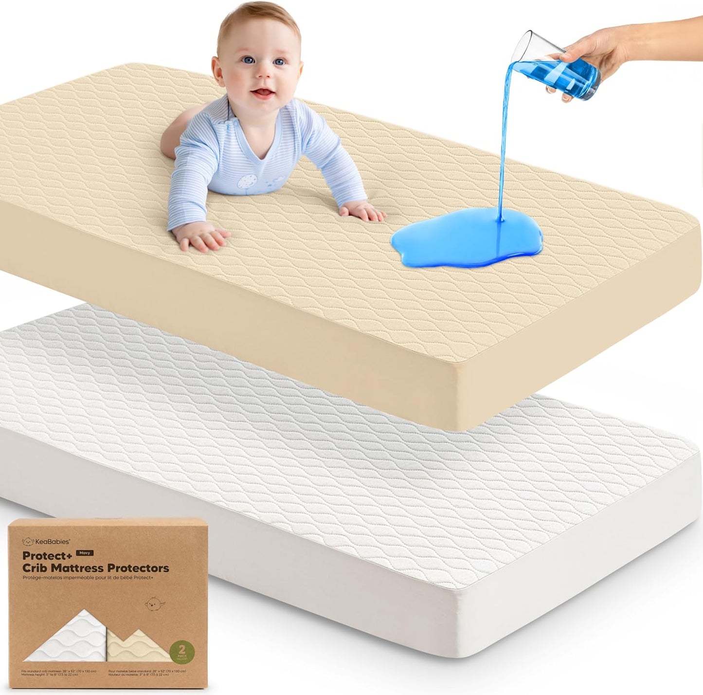 2-Pack Waterproof Crib Mattress Protector Cover Fitted - Quiet Baby Crib Mattress Pad Sheets, 52" x 28" Soft Quilted Cotton Baby Sheet, Machine Washable, Easy Fit, Durable (Soft White/Mavy)